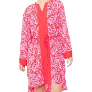 Coolibar Pink and Orange Red Leaf Print Swim Cover-Up NWOT sz 2X
